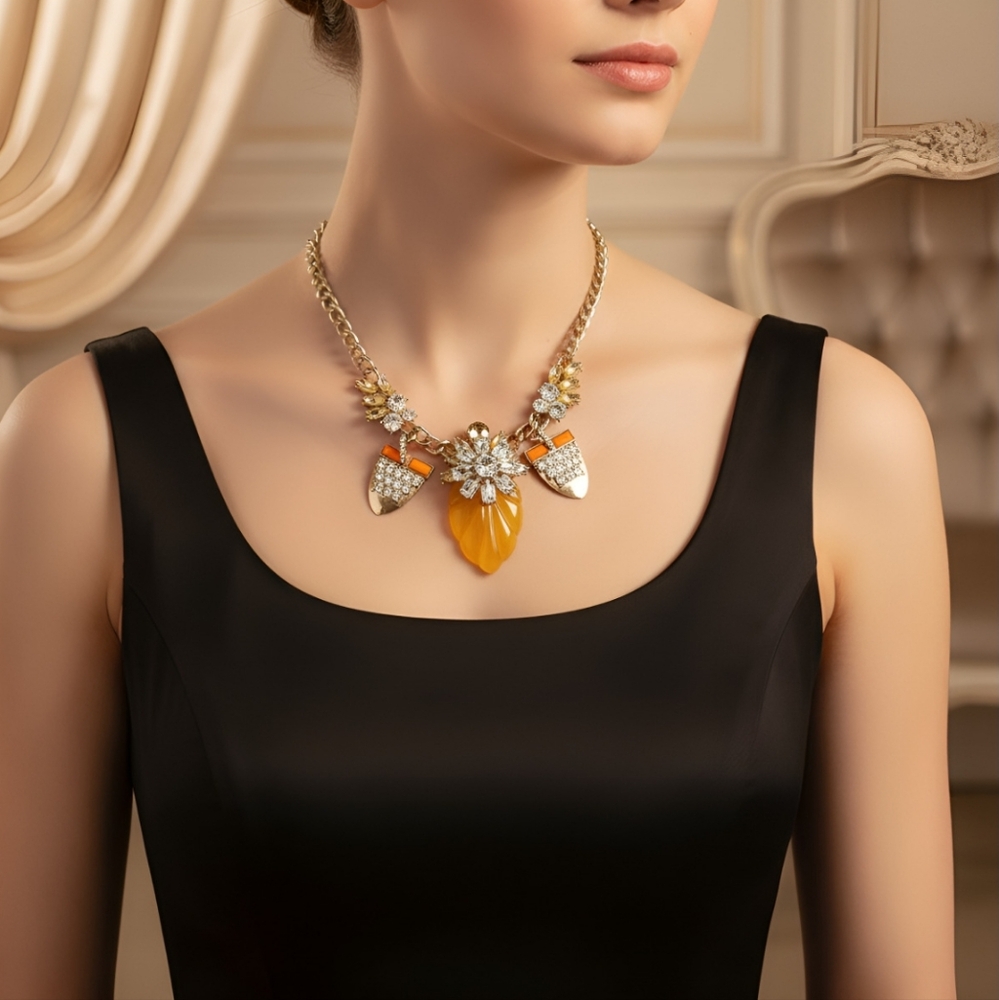 BaubleBar Vintage Rhinestone & Lucite Gold Tone Statement Necklace